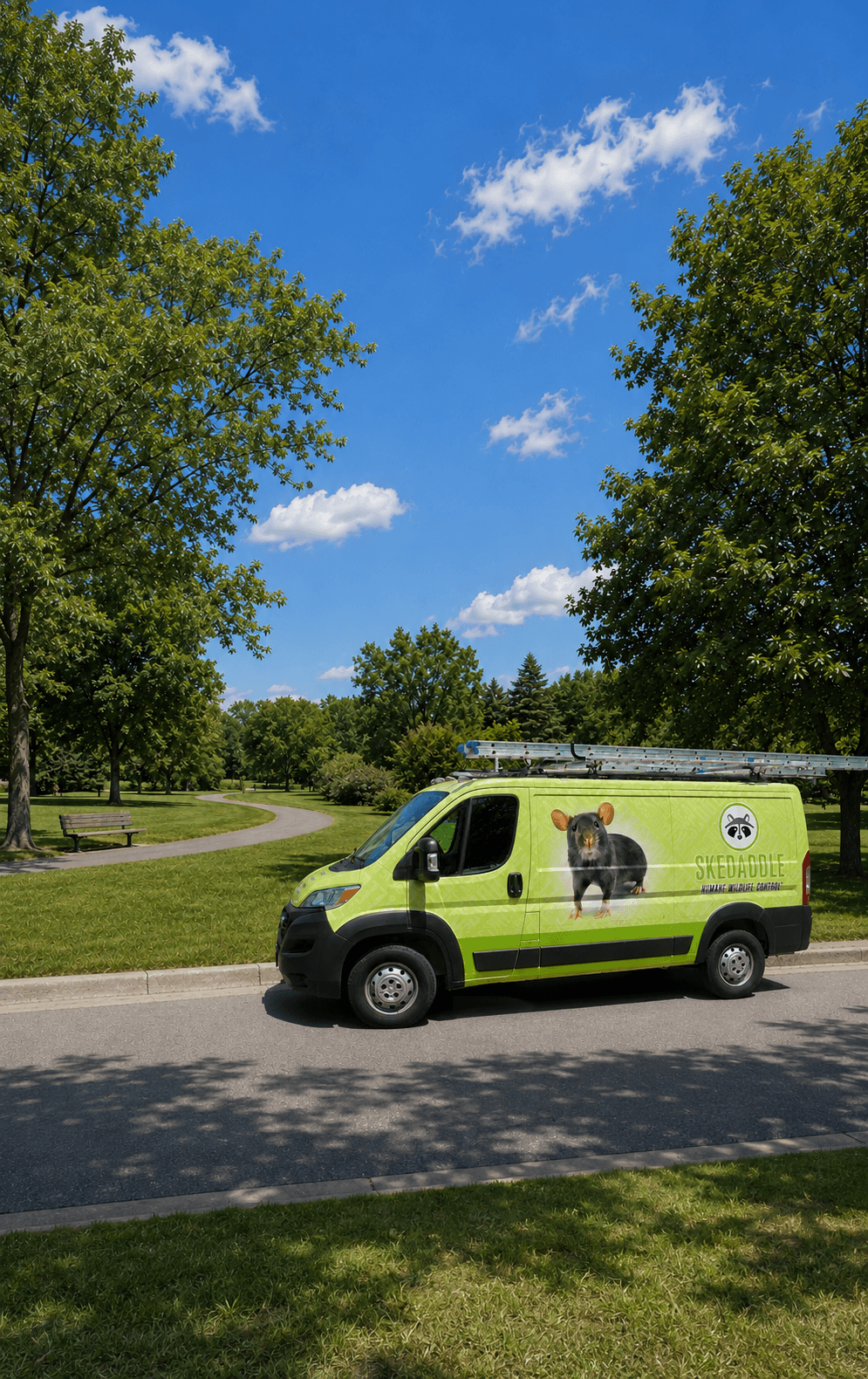 Skedaddle Minneapolis wildlife-removal truck parked on a Plymouth residential street