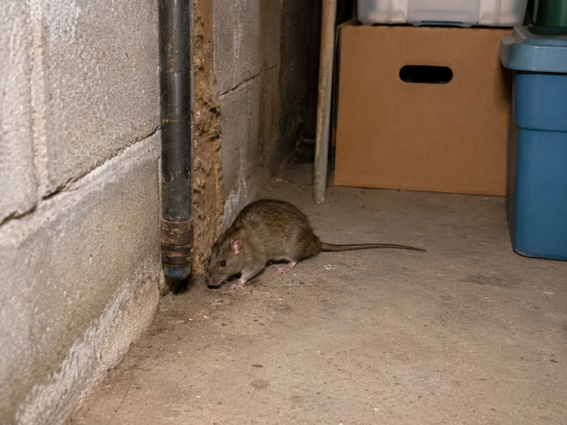 A brown Norway rat chewing the bottom corner of a cardboard box on a garage floor