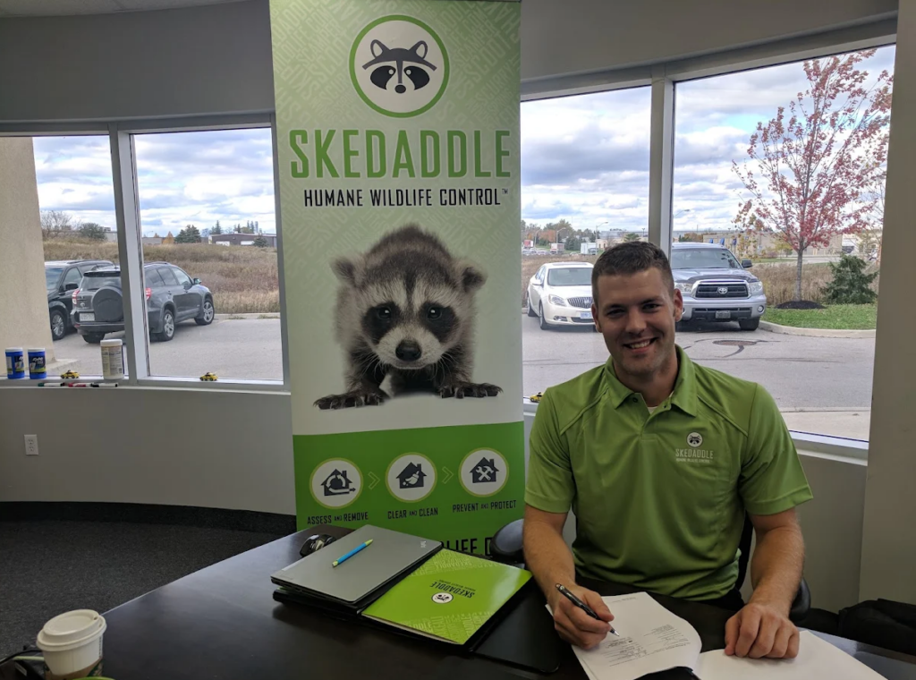 Skedaddle Humane Wildlife Control Team Member A smiling Skedaddle Wildlife Control representative sitting at an office desk next to a raccoon banner.