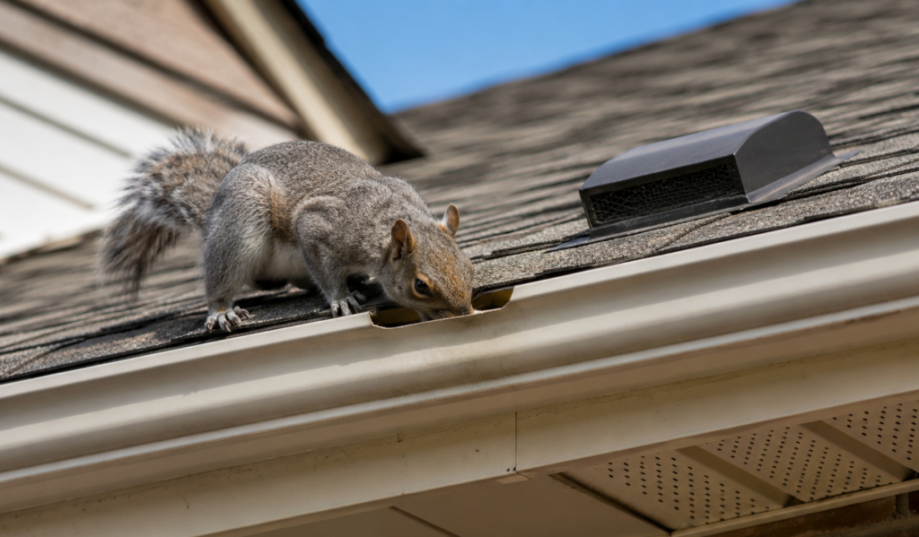 Squirrel Inspecting Roofline and Gutter An eastern gray squirrel standing on a roof shingles, peering into the gutter near a roof vent.