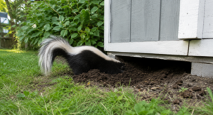 A striped skunk with a raised fluffy tail digging an entry burrow into the dirt beneath a garden shed foundation