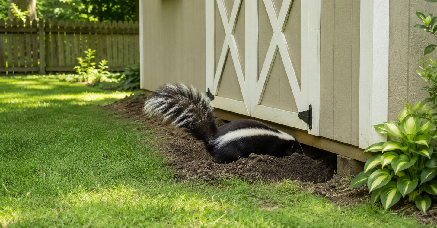 A striped skunk burrowing beneath the foundation of a tan wooden garden shed in a backyard lawn