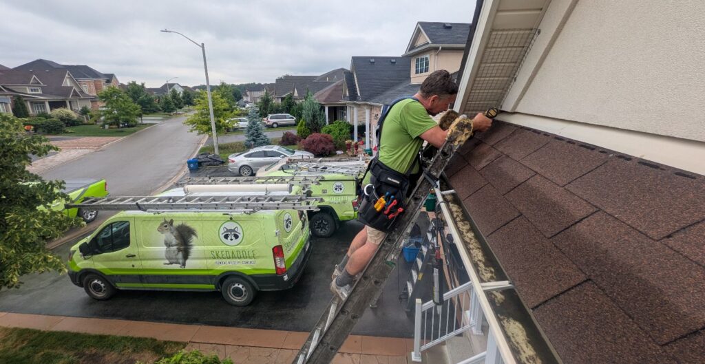 Technician Installing Wildlife Exclusion Mesh on Soffit A Skedaddle Wildlife technician on an extension ladder installing exclusion wire mesh under home soffits along a roofline