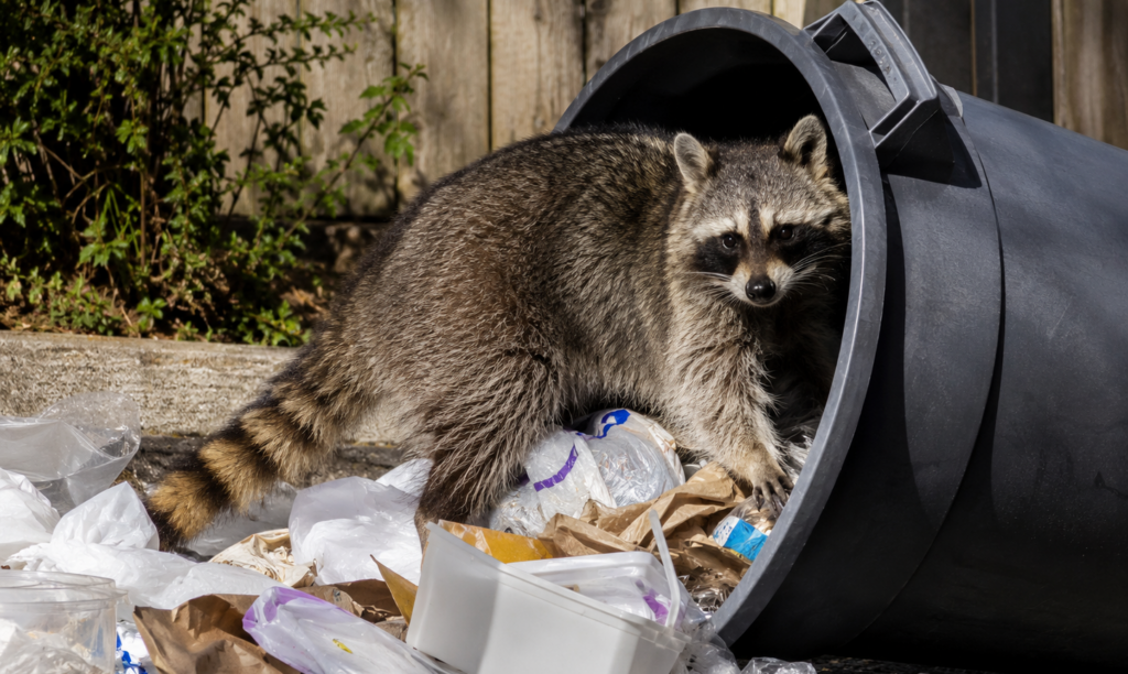 Raccoon Rummaging Through Overturned Trash Can An adult raccoon foraging through spilled garbage and a tipped-over trash bin outdoors during the daytime