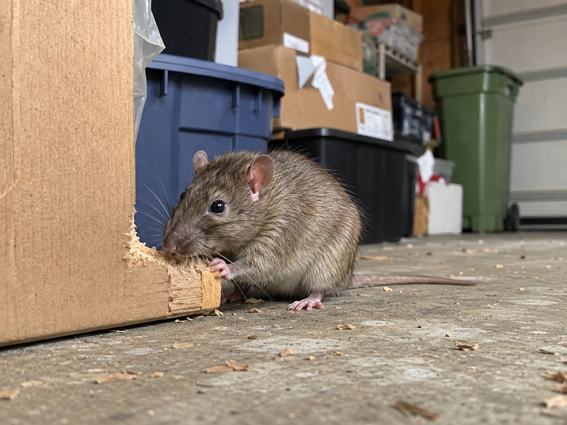 Rat Gnawing on Cardboard Box in Garage A brown Norway rat chewing the bottom corner of a cardboard box on a garage floor