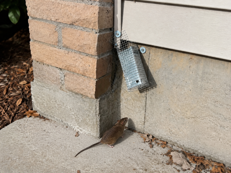 A brown rat on a concrete walkway approaching a one-way wire mesh door installed at a building foundation gap