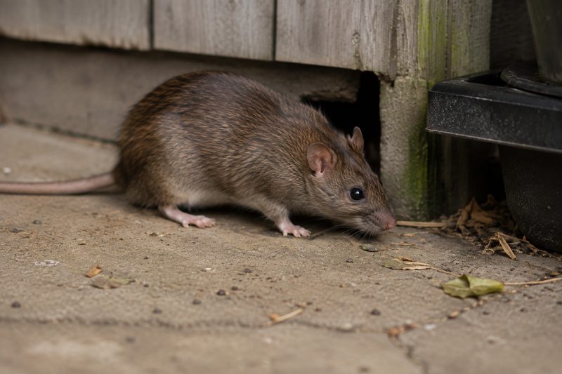 Brown Rat Emerging from Shed Foundation Hole A brown Norway rat crawling out of an entry hole beneath a wooden shed foundation onto concrete pavement