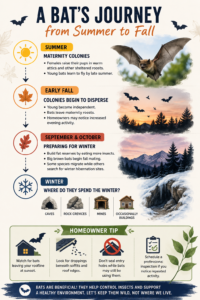 A Bat's Journey from Summer to Fall Seasonal Infographic Educational infographic detailing bat behavior from summer maternity colonies to fall dispersal and winter hibernation