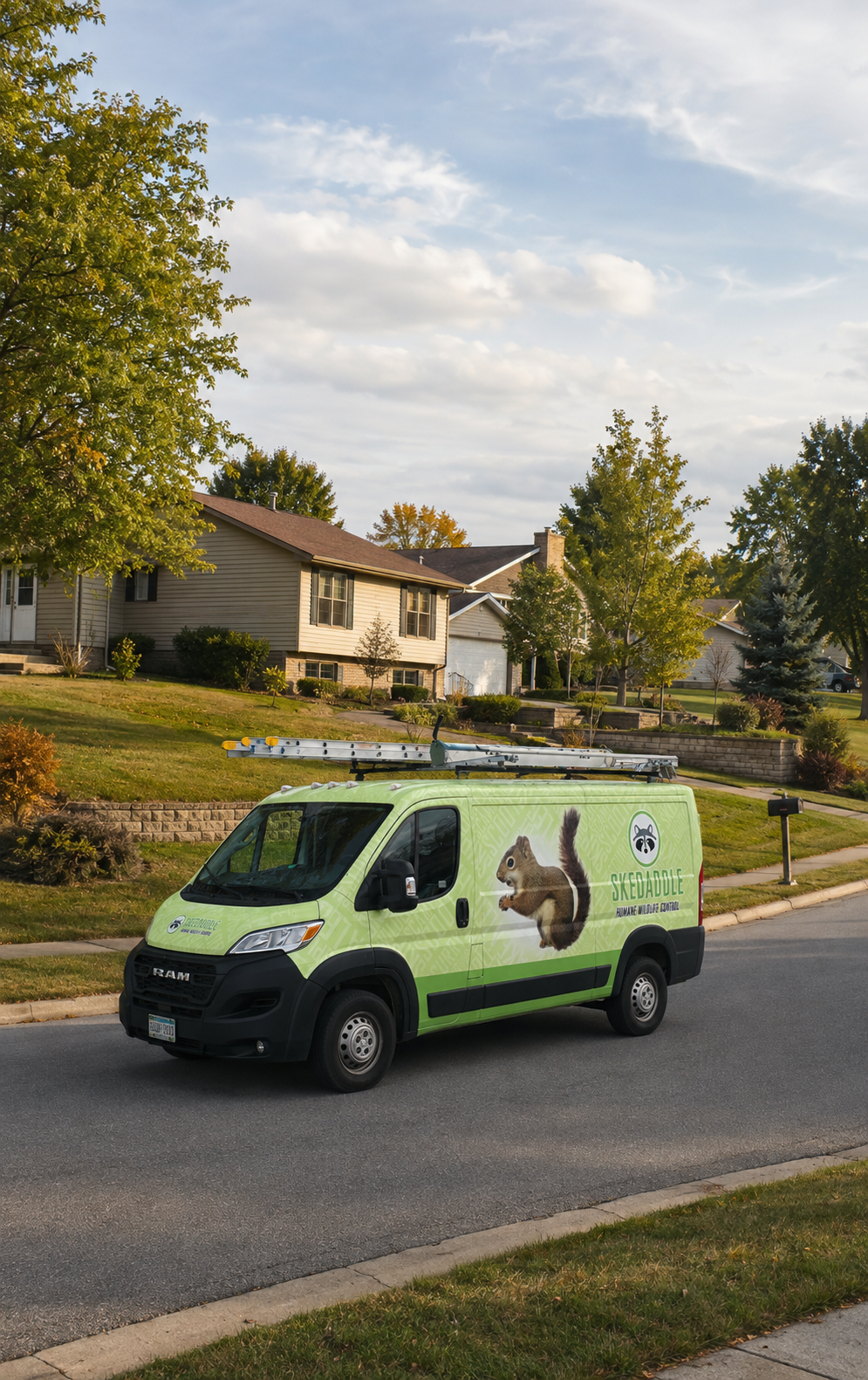 Skedaddle Ottawa wildlife-removal truck parked on a Barrhaven residential street