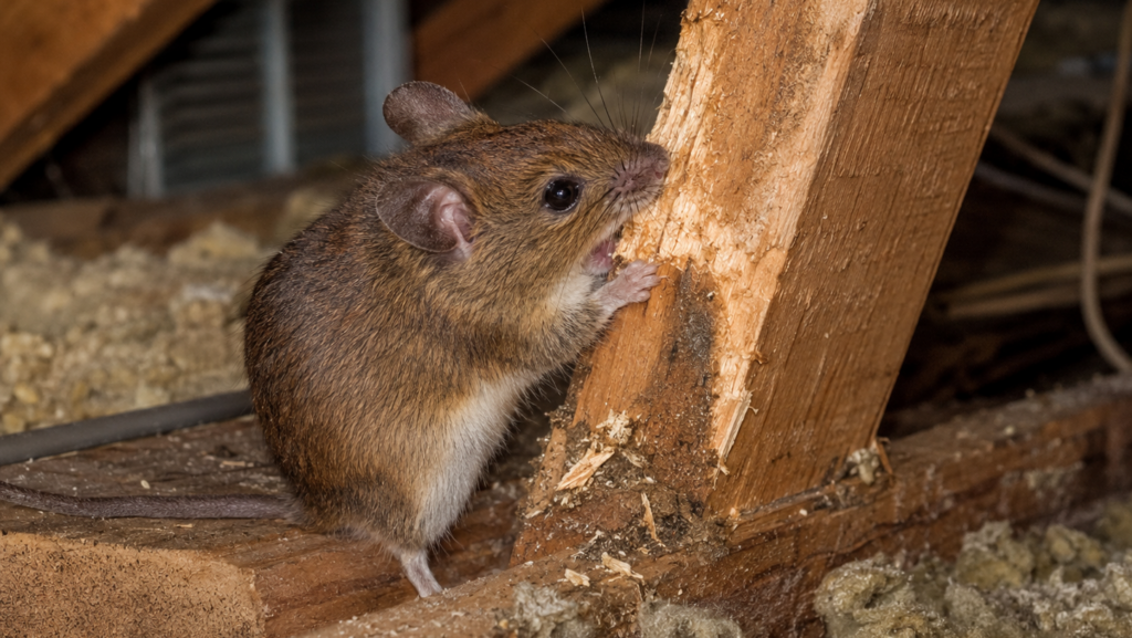 Deer Mouse Chewing Wooden Attic Truss Frame A small brown deer mouse with a white belly gnawing on a wooden support beam in an attic next to insulation