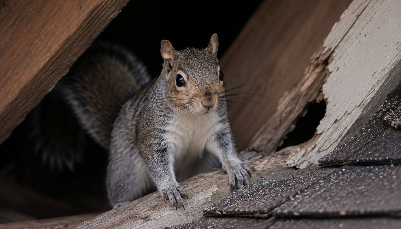 A curious eastern grey squirrel looking out from an opening beneath rotted wooden roof boards and asphalt shingles