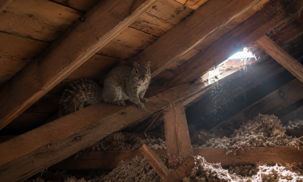 A grey squirrel perched on a wooden beam inside a dark attic filled with blown insulation and sunlight streaming from an entry hole