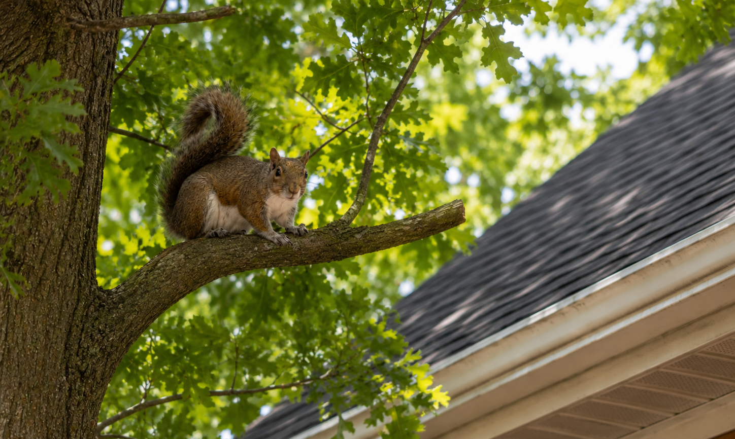 A grey squirrel perched on a tree branch extending directly over a residential roof and gutter