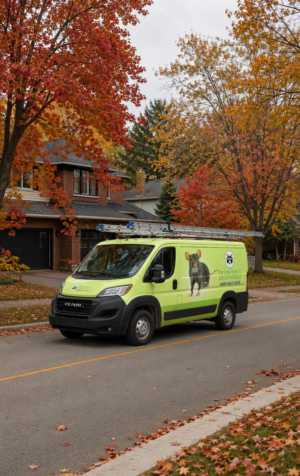 Skedaddle Ottawa wildlife-removal truck parked on a Gloucester residential street