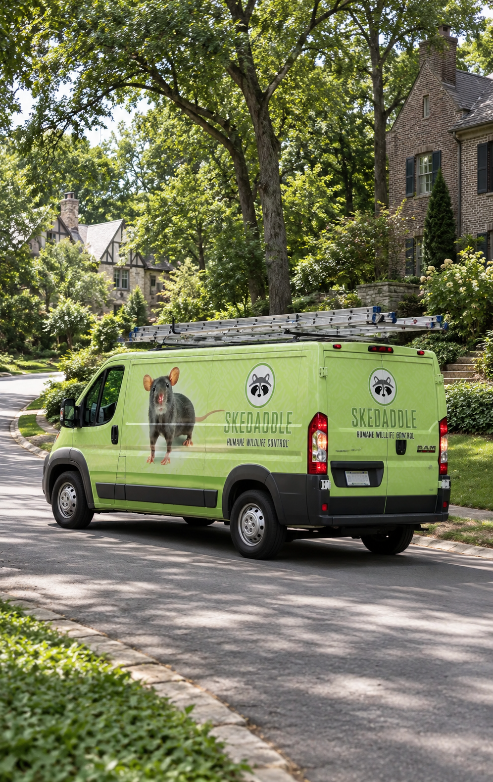 Skedaddle Humane Wildlife Control van on a tree-lined residential street