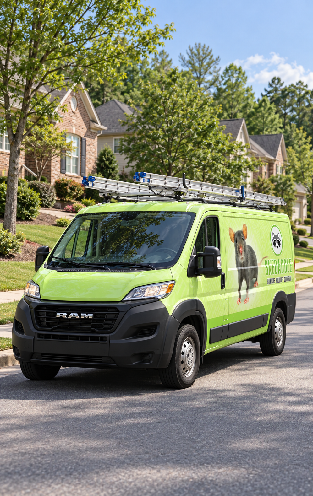 Skedaddle Humane Wildlife Control van on a tree-lined residential street