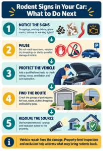 Infographic Rodent Signs in Your Car and What to Do Next A step-by-step infographic outlining how to identify and address rodent damage in vehicles and garages