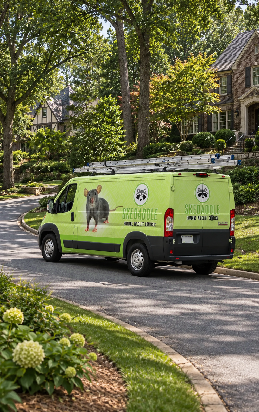 Skedaddle Humane Wildlife Control van on a tree-lined residential street