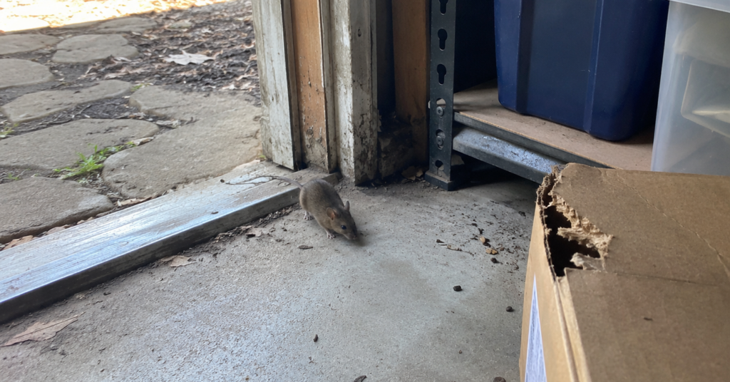 Mouse Entering Open Garage Beside Chewed Cardboard Box A small mouse crawling across a concrete garage threshold next to a gnawed cardboard box and storage shelving