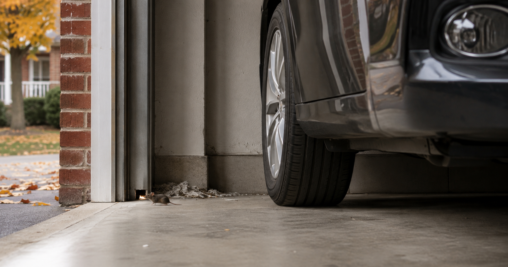 A small mouse scurrying across a concrete garage floor next to a parked car near a gap under the garage door