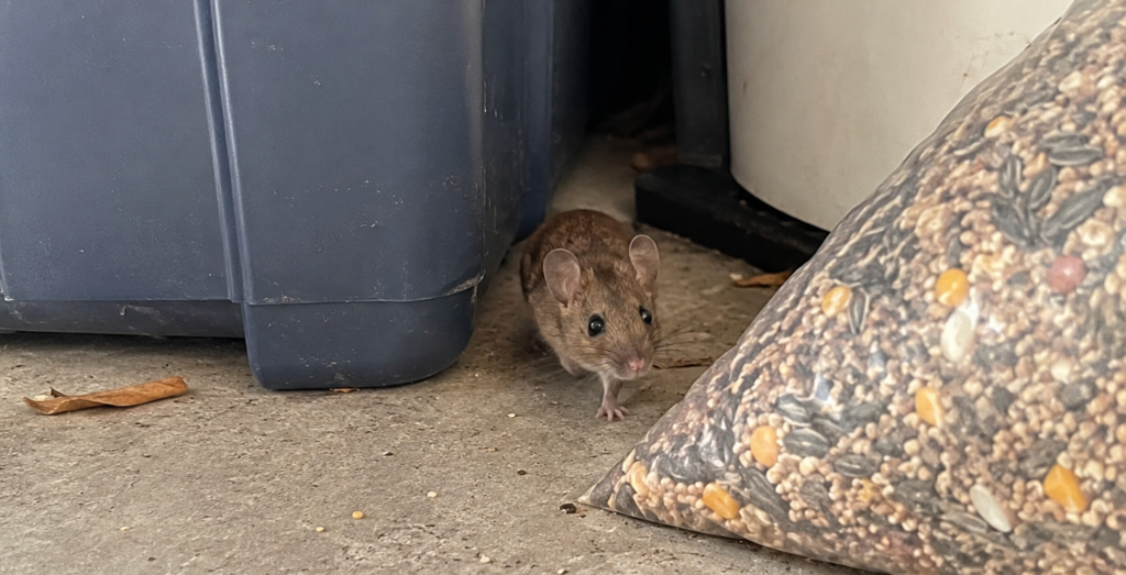 A small brown mouse emerging from behind a blue storage container toward an open plastic bag of birdseed on a concrete floor
