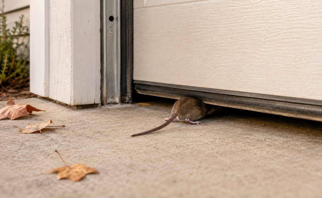 Mouse Squeezing Under Garage Door Weatherstripping A small brown house mouse crawling through a narrow gap under a closed garage door