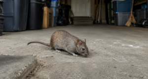 A large brown Norway rat crawling across an open concrete garage floor surrounded by storage boxes and bins