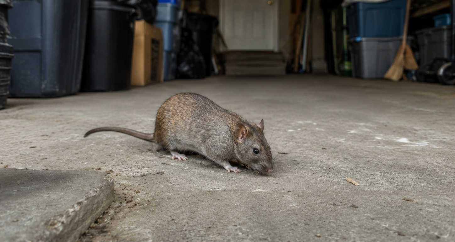A large brown Norway rat crawling across an open concrete garage floor surrounded by storage boxes and bins