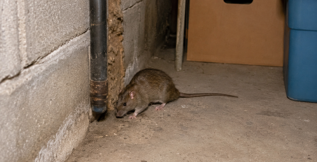 Norway Rat Scurrying Along Concrete Basement Foundation Wall A brown Norway rat crawling on a concrete basement floor beside a vertical pipe and foundation wall