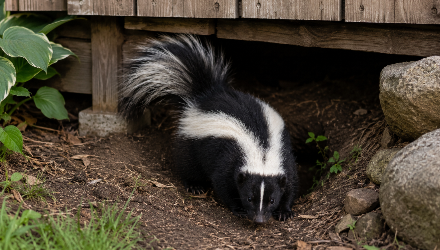 A black and white striped skunk crawling out of a burrow dug under the foundation of a wooden deck