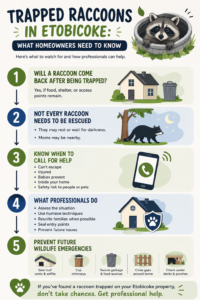 Trapped Raccoons Homeowner Guide Infographic An educational infographic outlining five steps homeowners should know when dealing with trapped raccoons.
