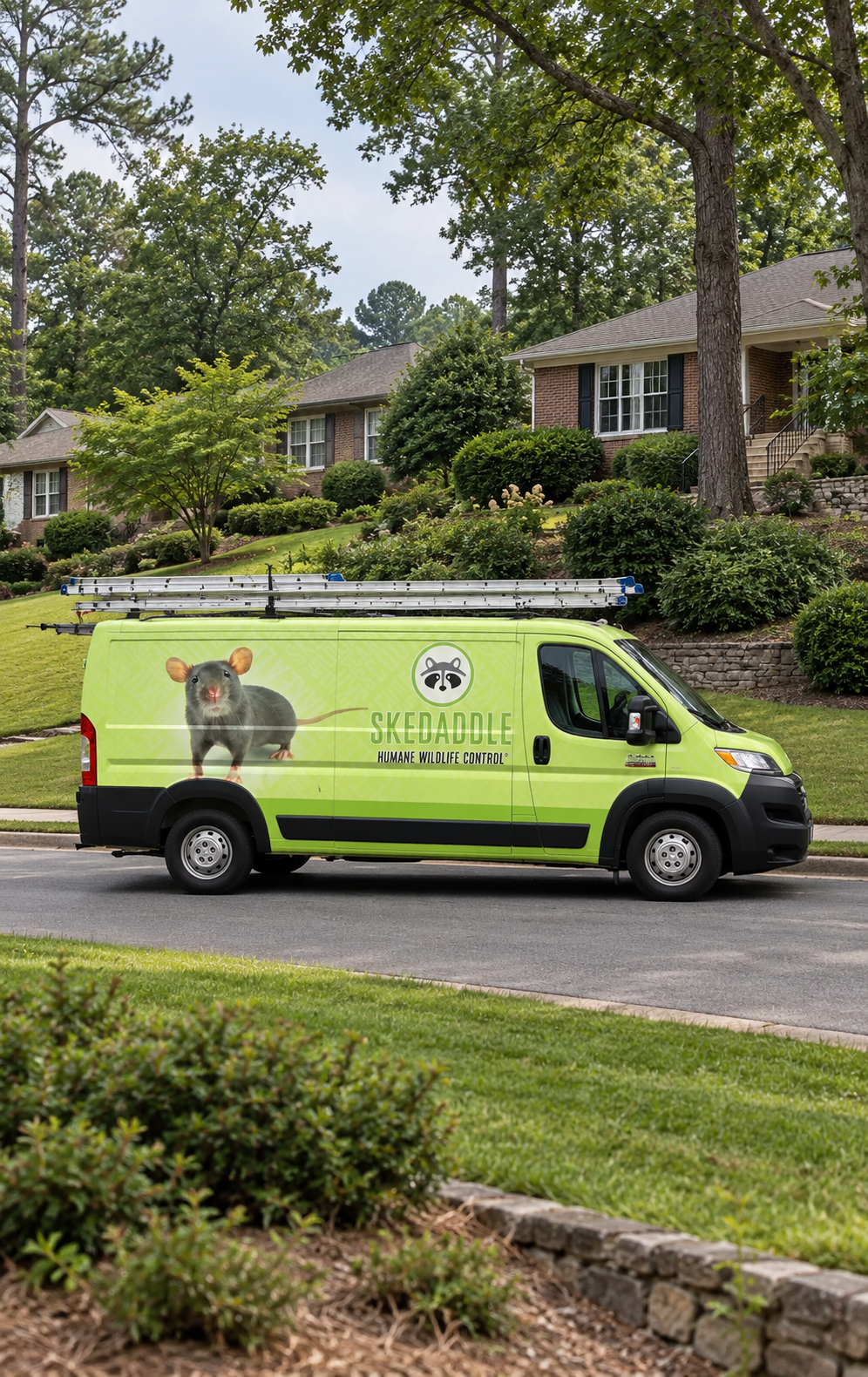 Skedaddle Humane Wildlife Control van on a tree-lined residential street