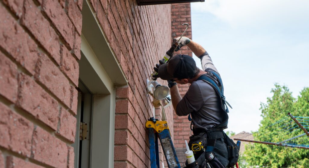 Wildlife Exclusion Technician Caulking Exterior Brick Wall Around Floodlight Fixture A wildlife control specialist standing on a ladder applying sealant around an outdoor light on a brick house