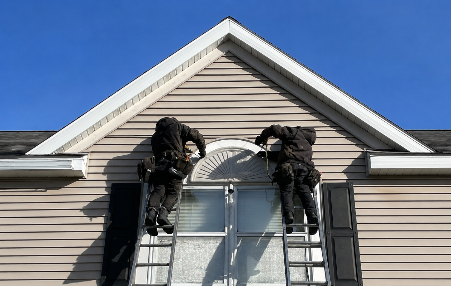 Two wildlife technicians standing on extension ladders securing siding gaps around an upper gable window