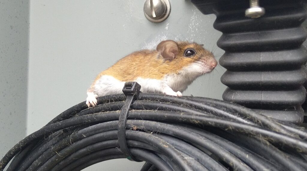Deer Mouse Perched on Coiled Utility Wire Cable A small brown and white deer mouse resting atop a bundle of coiled black electrical cables outside a utility panel
