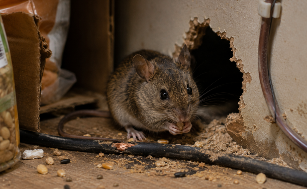 A mouse eating seeds next to a chewed hole in a drywall baseboard and a stripped electrical wire