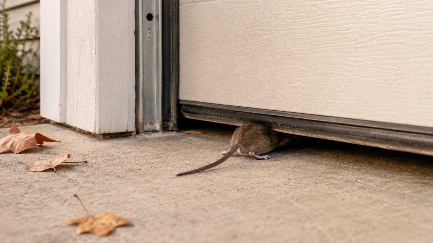 A small brown mouse crawling into a garage through a narrow gap under the bottom rubber door seal