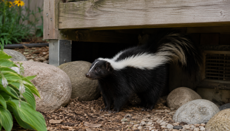 A striped skunk stepping out from beneath a wooden porch deck into a backyard garden with landscaping rocks