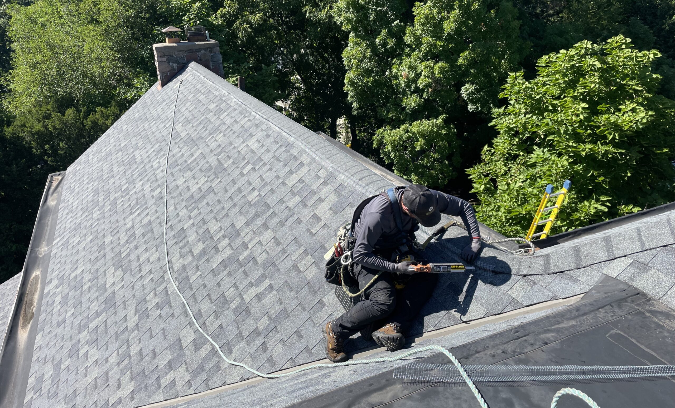 A wildlife exclusion technician secured with safety ropes working on a steep roof applying sealant along shingle seams